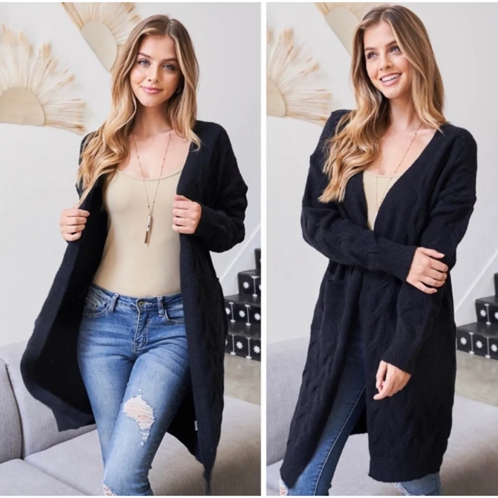 1 LEFT! Open Front Long Sleeve Soft Tight Knit Black Women's Cardigan - Picture 2 of 12